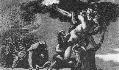 Illustration av Valère Bernard, föreställande en heroisk kvinna med fackla och kniv, hjälpt av ormar och en fågel.