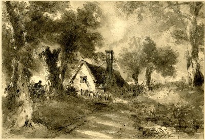 Teckningen “The Cottage in the Lane” av John Constable, 1827.