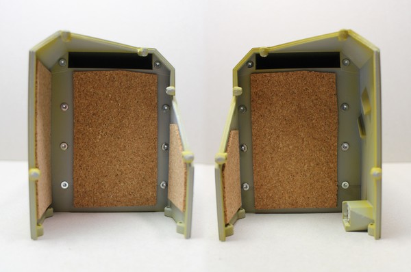 A composite image of the central housing sub-assembly from both ends, with sheets of 2 mm cork glued to the insides to dampen sound.
