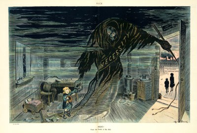 Politisk teckning av Art Young i tidskriften Puck, 10 april 1912: Spöket “Necessity” leder ett barn till fabriken.