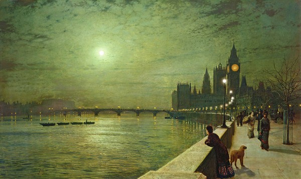 Tavlan Reflections on the Thames, Westminster av John Atkinson Grimshaw, 1880.