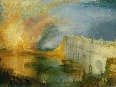 Tavlan “The Burning of the Houses of Lords and Commons, 16th October, 1834” av J.M.W. Turner.