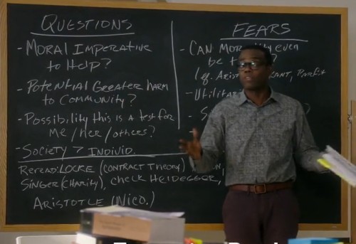 A still from The Good Place (2016) featuring William Jackson Harper as Chidi Anagonye, the most prominent professional moral philosopher in global English-language popular culture at the time: Highly educated, intelligent and constantly paralyzed by useless theories.