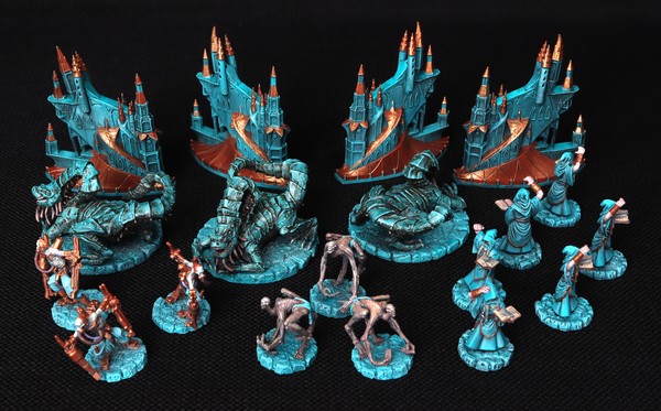 The complete set of individual models for this faction in 2025, after I touched up the paint job on the Cathedrals and Yothans.