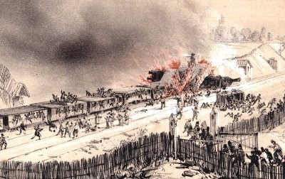 Samtida teckning av tågolyckan vid Versailles 1842.