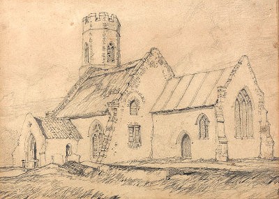 Skiss föreställande Brampton Church i Norfolk, av John Sell Cotman.