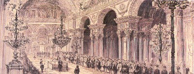 Teckning eller stick från det Osmanska parlamentets öppningsceremoni i Dolmabahçe-palatset, 1876: soldater och representanter på rad i ståtlig sal.