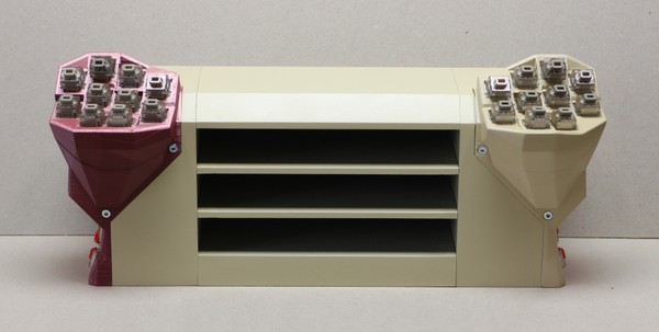 Head-on view of an almost fully assembled Concertina, missing only keycaps, assortment drawers and a bottom plate.
