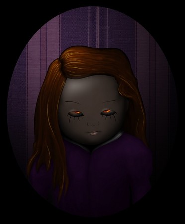 Porträtt av dockan Evangeline.
