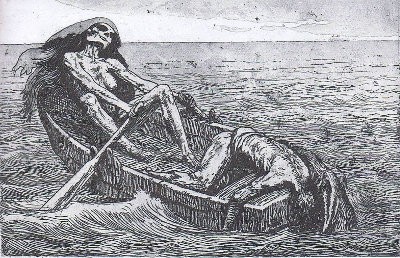Illustration av Valère Bernard, föreställande en nöjd kvinna vid årorna i en eka med en utmärglad mans kropp på durken.