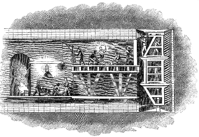 Kopparstick av Brunels och Cochranes tunnelsköld, från samtida Illustrated London News.
