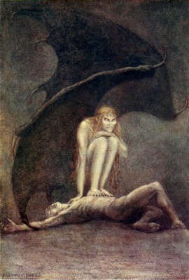 Illustration till psalmbok av Frank Cheyne Papé: en demonisk figur sitter på ett liks bröst.