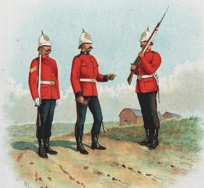 Detalj från målning av en officer, en sergeant och en menig ur kungliga Liverpool-regementet, 1891.