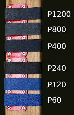 ISO 6344 (FEPA) grit-size designations attached to the six strips of sandpaper in this picture.