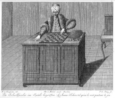 Gravyr av Wolfgang von Kempelens schackmaskin.
