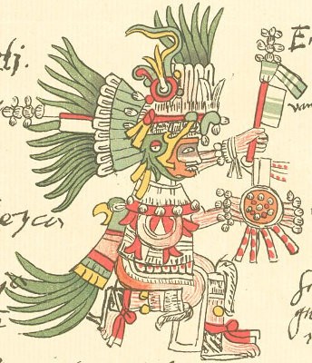 Teckning av guden Huitzilopochtli, ur Codex Telleriano-Remensis.