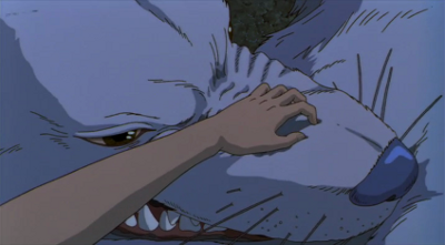 A still from Princess Mononoke (1997). San stroking her sibling's nose.