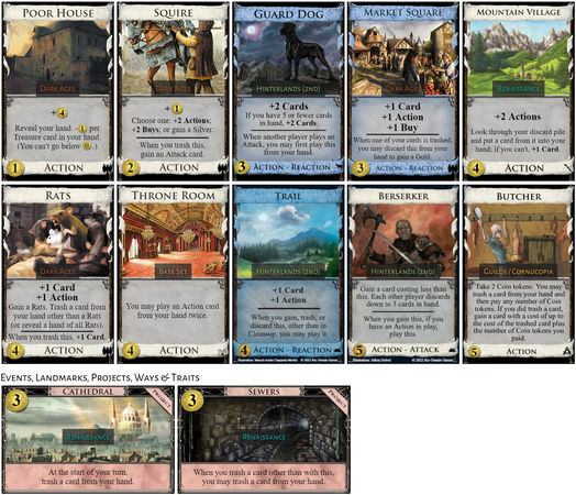 This Kingdom for Dominion consists of Berserker, Butcher, Guard Dog, Market Square, Mountain Village, Poor House, Rats, Squire, Throne Room, and Trail, plus Cathedral and Sewers.