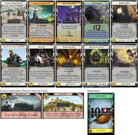 This Kingdom for Dominion consists of Astrolabe, Crossroads, Hunting Grounds, Jack of All Trades, Lighthouse, Mine, Treasury, Tunnel, Urchin, and Witch’s Hut, plus Barracks, Citadel, Colony and Platinum.